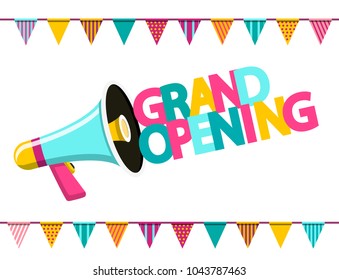 Grand Opening Colorful Text with Megaphone and Flags. Vector Flat Design Symbol on White Background.