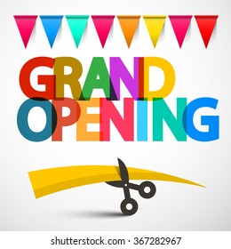 Grand Opening Colorful Vector Title with Scissors, Ribbon and Flags