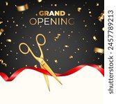 Grand Opening concept background with red silk ribbon and gold scissors.