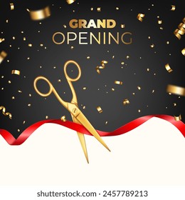 Grand Opening concept background with red silk ribbon and gold scissors.