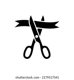 Grand opening concept. Black silhouette scissors cut the tape. Vector illustration flat design. Isolated on background. Presentation and event. Symbol of the start of the project. Ceremony and ritual.