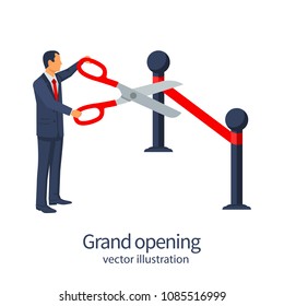 Grand opening concept. Businessman is holding big scissors cutting red ribbon. Isolated on white background.  Vector illustration flat design. Template ceremony, celebration, presentation and event.