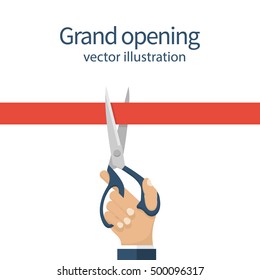 Grand opening concept. Businessman holding a pair of scissors in hand cuts the red tape. Vector illustration flat design. Isolated on white background. Ceremony, celebration, presentation and event. 