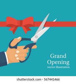 Grand opening concept. Businessman holding pair of scissors in hand cuts red tape with bow. Vector illustration flat design.Isolated on background.Ceremony, celebration, presentation and event.