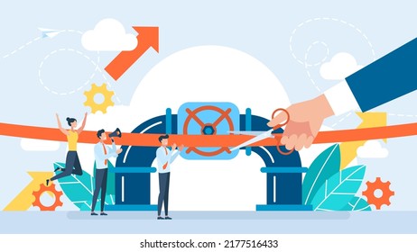 Grand opening concept. The ceremony, celebration, presentation, and event. Opening of the pipeline. Cutting the red ribbon. Pipeline supply of gas, oil, gasoline. Vector flat business illustration.