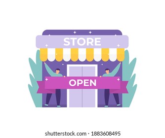 a grand opening concept, customer reception, welcome. illustration of a shop clerk or worker holding a ribbon to encourage the opening of a new store branch. flat style. vector design elements