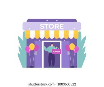 a grand opening concept, customer reception, welcome. illustration of a shop clerk or worker holding an open board to inform that a new shop has opened. flat style. vector design elements