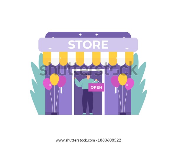 a\
grand opening concept, customer reception, welcome. illustration of\
a shop clerk or worker holding an open board to inform that a new\
shop has opened. flat style. vector design\
elements