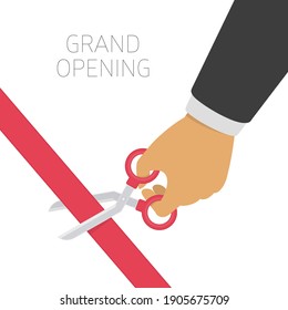 Grand opening concept. Hands cutting red ribbon with scissors. Opening ceremony or celebration and event. Vector illustration in modern flat style.