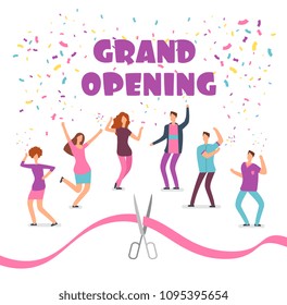 Grand opening concept with happy dancing people at party and red ribbon with scissors cartoon vector illustration. Ceremony event beginning and open
