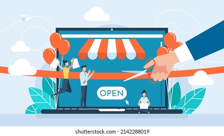 Grand opening concept. New online store, website, account. A businessman holding scissors in his hand cuts a red ribbon. The ceremony, celebration, presentation, and event. Vector flat illustration