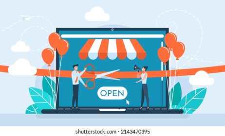 Grand opening concept. New online store, website, account. A businessman holding scissors in his hand cuts a red ribbon. The ceremony, celebration, presentation, and event. Vector flat illustration