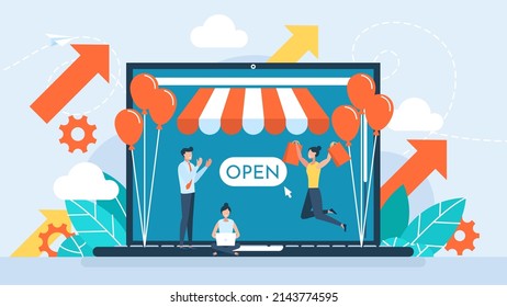 Grand opening concept. New online store, website, account. Shopping in the online store. Online sales. Webshop. The ceremony, celebration, presentation, and event. Vector flat business illustration.