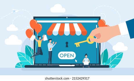 Grand opening concept. New online store, website, account. The man opens the lock with a key. Opening store. The ceremony, celebration, presentation, and event. Vector flat business illustration