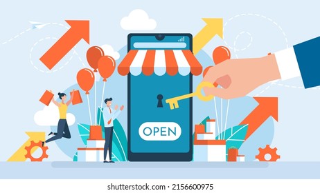 Grand opening concept. New online store, website, account. The man opens the lock with a key. Opening store. The ceremony, celebration, presentation, and event. Vector flat business illustration