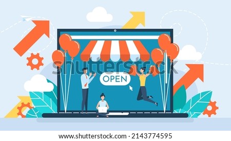Grand opening concept. New online store, website, account. Shopping in the online store. Online sales. Webshop. The ceremony, celebration, presentation, and event. Vector flat business illustration.