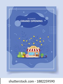 grand opening concept people standing front store fall coin money wallet target for template of banners, flyer, books cover, magazines with liquid shape style