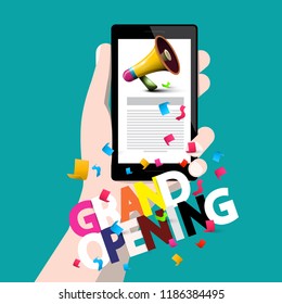 Grand Opening Concept with Phone in Hand