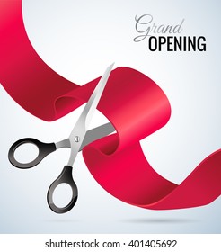 Grand opening concept. Scissors cut the ribbon. Grand opening card with red ribbon and silver scissors. Vector illustration