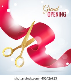 Grand opening concept. Scissors cut the ribbon. Grand opening card with red ribbon, gold scissors bokeh background. Vector illustration