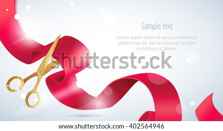 Grand opening concept. Scissors cut the ribbon. Grand opening card with red ribbon, gold scissors bokeh background. Vector illustration