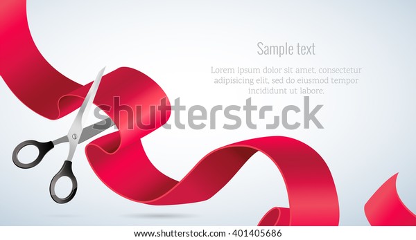 Grand\
opening concept. Scissors cut the ribbon. Grand opening card with\
red ribbon and silver scissors. Vector\
illustration
