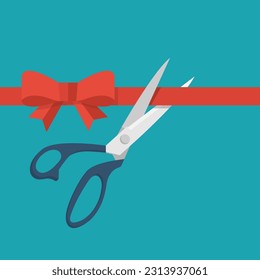 Grand opening concept. Scissors cuts red tape with bow. Vector illustration flat design.Isolated on background.Ceremony, celebration, presentation and event.
