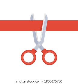 Grand opening concept. Scissors cutting the red ribbon isolated on white background. Silver scissors cut bright tape. Vector illustration EPS 10.