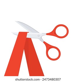 Grand opening concept. Scissors cutting the red ribbon isolated on white background. Silver scissors cut bright tape. Vector illustration EPS 10.