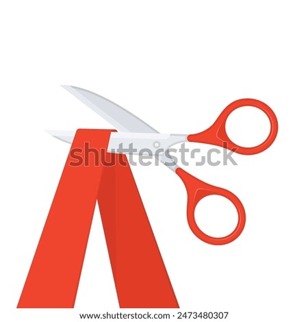 Grand opening concept. Scissors cutting the red ribbon isolated on white background. Silver scissors cut bright tape. Vector illustration EPS 10.