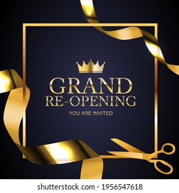 Grand Opening congratulation background card with golden confetti ribbon. Vector Illustration EPS10