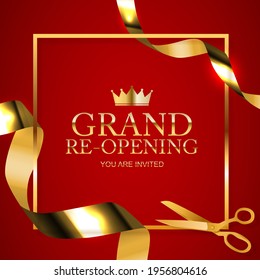 Grand Opening congratulation background card with golden confetti ribbon. Vector Illustration EPS10