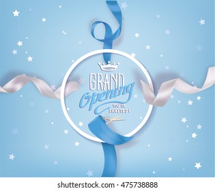 Grand opening conposition with silk realistic blue and white ribbons. Vector illustration