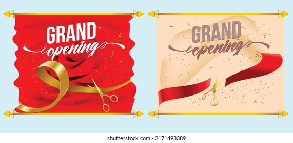 Grand Opening Cut ribbon background Banner Design Illustrations Shape, Business Promotion Ad Poster, Ceremony party event invitation, Coming soon Poster, red ribbon with balloon and colorful confetti