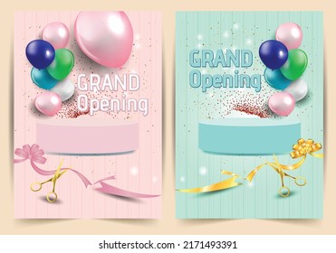 Grand Opening Cut ribbon background Banner Design Illustrations Shape, Business Promotion Ad Poster, Ceremony party event invitation, Coming soon Poster, red ribbon with balloon and colorful confetti