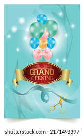 Grand Opening Cut ribbon background Banner Design Illustrations Shape, Business Promotion Ad Poster, Ceremony party event invitation, Coming soon Poster, red ribbon with balloon and colorful confetti