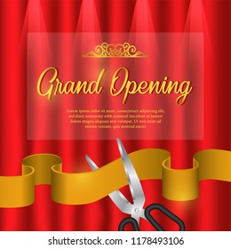 grand opening with cutting golden ribbon and red curtain background template for business or poster announcement