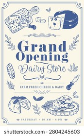 Grand Opening Dairy Store Poster with Farm Fresh Cheese Illustrations and Vintage Typography