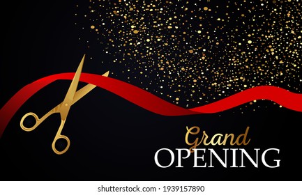 Grand opening design with ribbon, balloons and gold scissors, confetti. Vector illustration