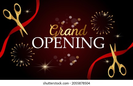 Grand opening design with ribbon, balloons and gold scissors, fireworks. Realistic Vector