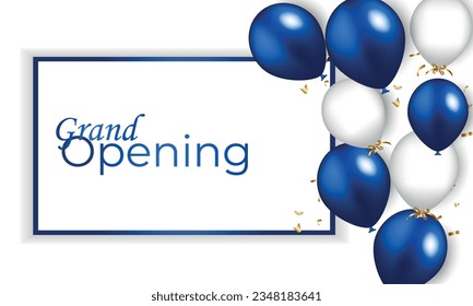 Grand opening design with ribbon, balloons and gold scissors, confetti.