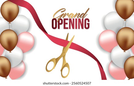 Grand opening design with ribbon, balloons and gold scissors, confetti. Vector illustration