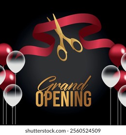 Grand opening design with ribbon, balloons and gold scissors, confetti. Vector illustration