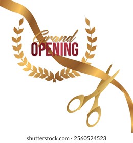 Grand opening design with ribbon, balloons and gold scissors, confetti. Vector illustration