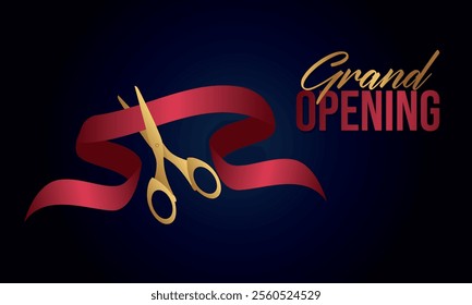 Grand opening design with ribbon, balloons and gold scissors, confetti. Vector illustration