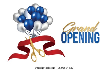 Grand opening design with ribbon, balloons and gold scissors, confetti. Vector illustration