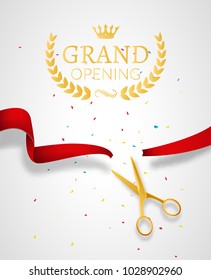 Grand Opening design template with ribbon and scissors. Grand open ribbon cut concept