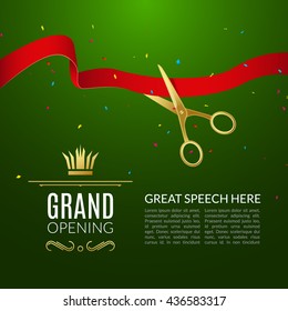 Grand Opening design template with ribbon and scissors. Grand open ribbon cut concept