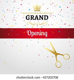 Grand Opening design template with ribbon and scissors. Grand open ribbon cut concept