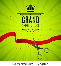 Grand Opening design template with ribbon and scissors. Grand open ribbon cut concept